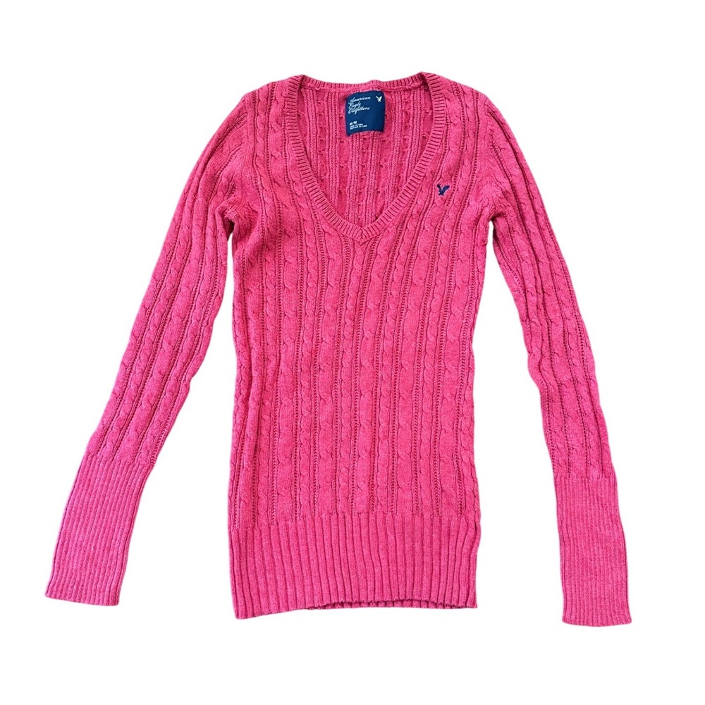 Vintage Y2K American Eagle Red Ribbee Cableknit V-Neck Sweater Size Medium